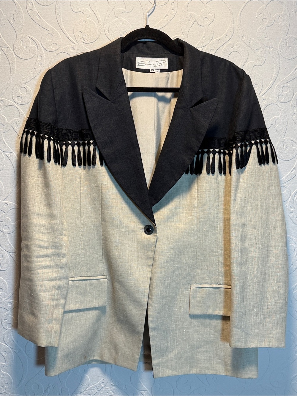 Vintage Two-Tone Black and Cream Fringe-Trim Blazer by Sabrina B